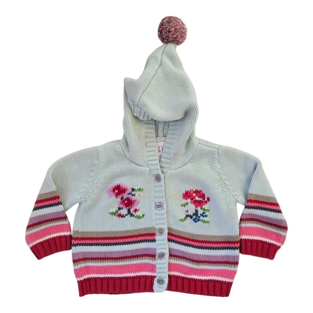 Vintage Y2k Baby Gap Embroidered Knit Hooded Pom Pom Cardigan